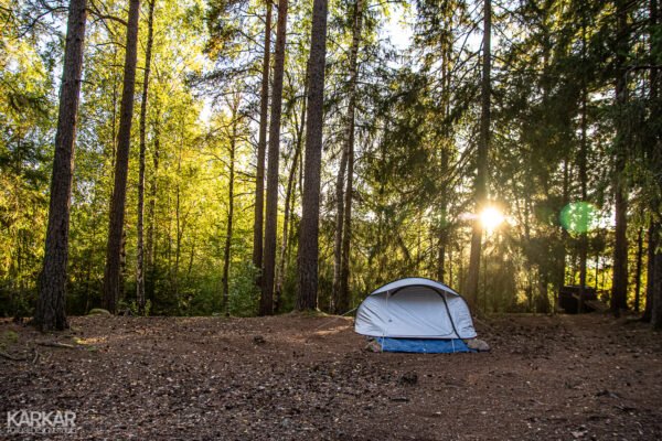 Tentje in bos met zonsondergang